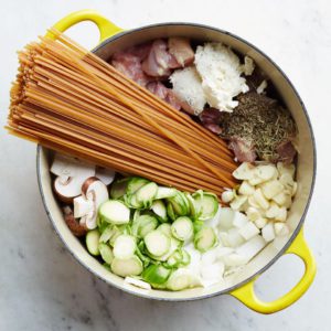 Chicken Brussels Sprouts and Mushrooms One Pot Pasta